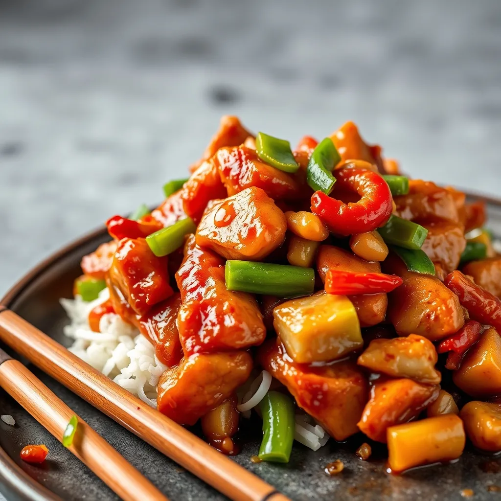 Plato de pollo Kung Pao con cacahuetes y cebollino, servido sobre arroz blanco