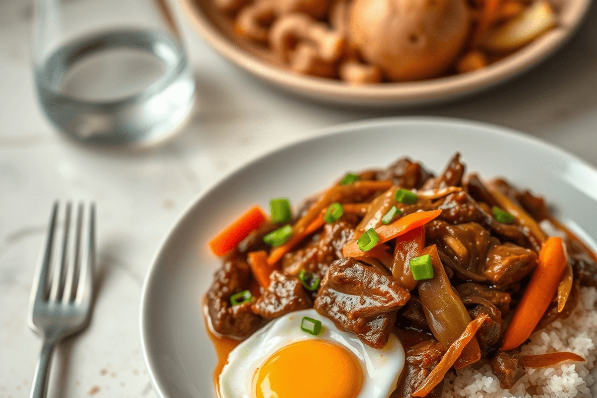 Plato de ternera al estilo Sichuan con verduras variadas y salsa brillante servido en un cuenco blanco.