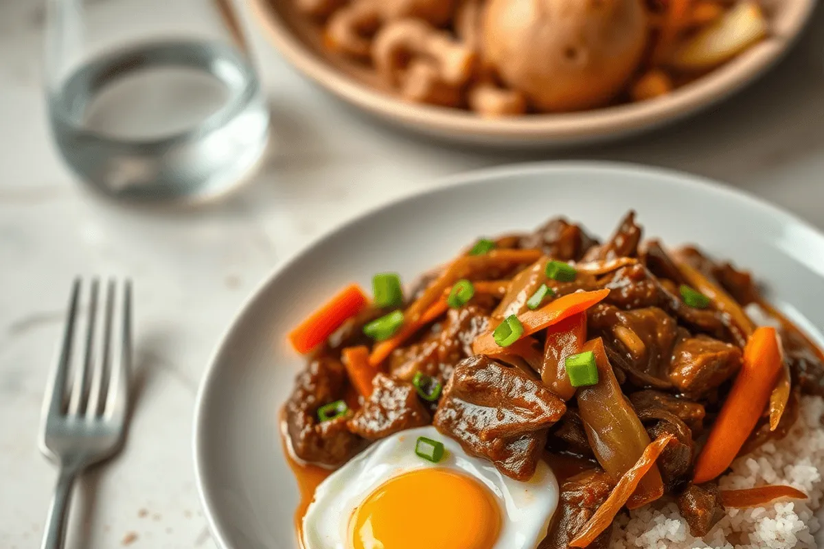 Plato de ternera al estilo Sichuan con verduras variadas y salsa brillante servido en un cuenco blanco.