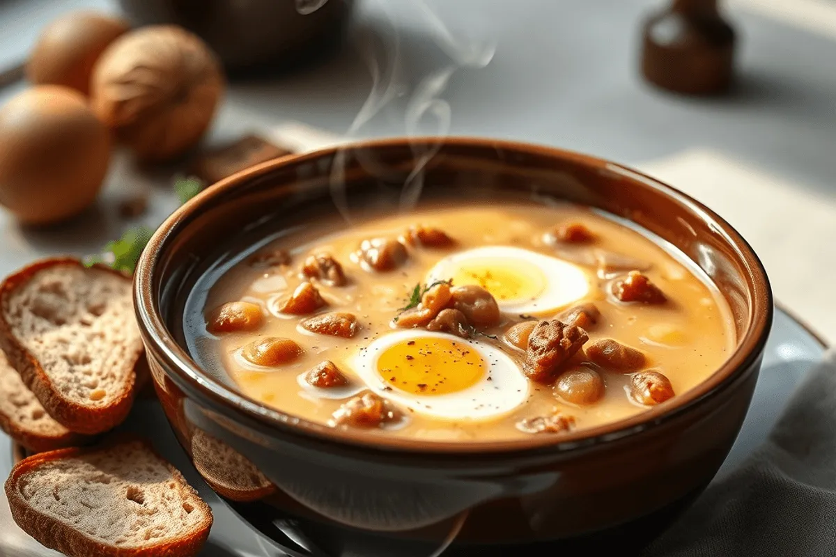 Sopa clara con albóndigas de sémola y perejil fresco en un cuenco blanco