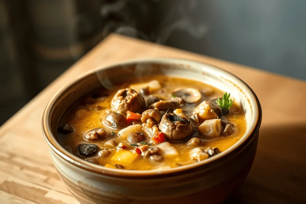 Sopa de setas con alforfón servida en cuenco, con perejil fresco y un chorrito de nata agria
