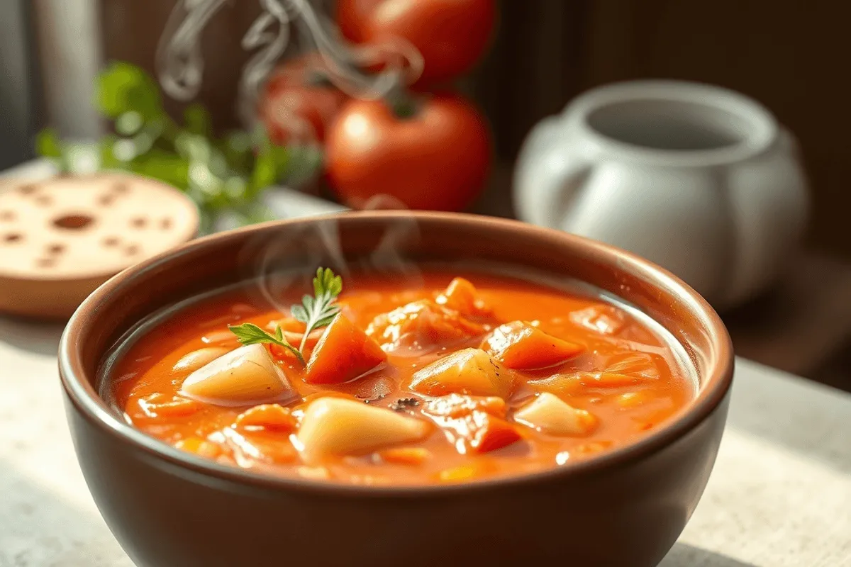 Cuenco de sopa cremosa de tomate con un toque de leche, servido con rollos de salchicha y queso al fondo