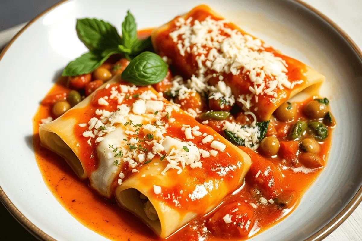 Cannelloni de espinaca y ricotta gratinados con mozzarella y parmesano sobre salsa de tomate y albahaca
