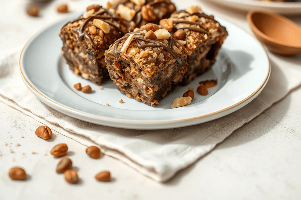 Crispitos de chocolate y caramelo cortados en cuadrados sobre una tabla de madera