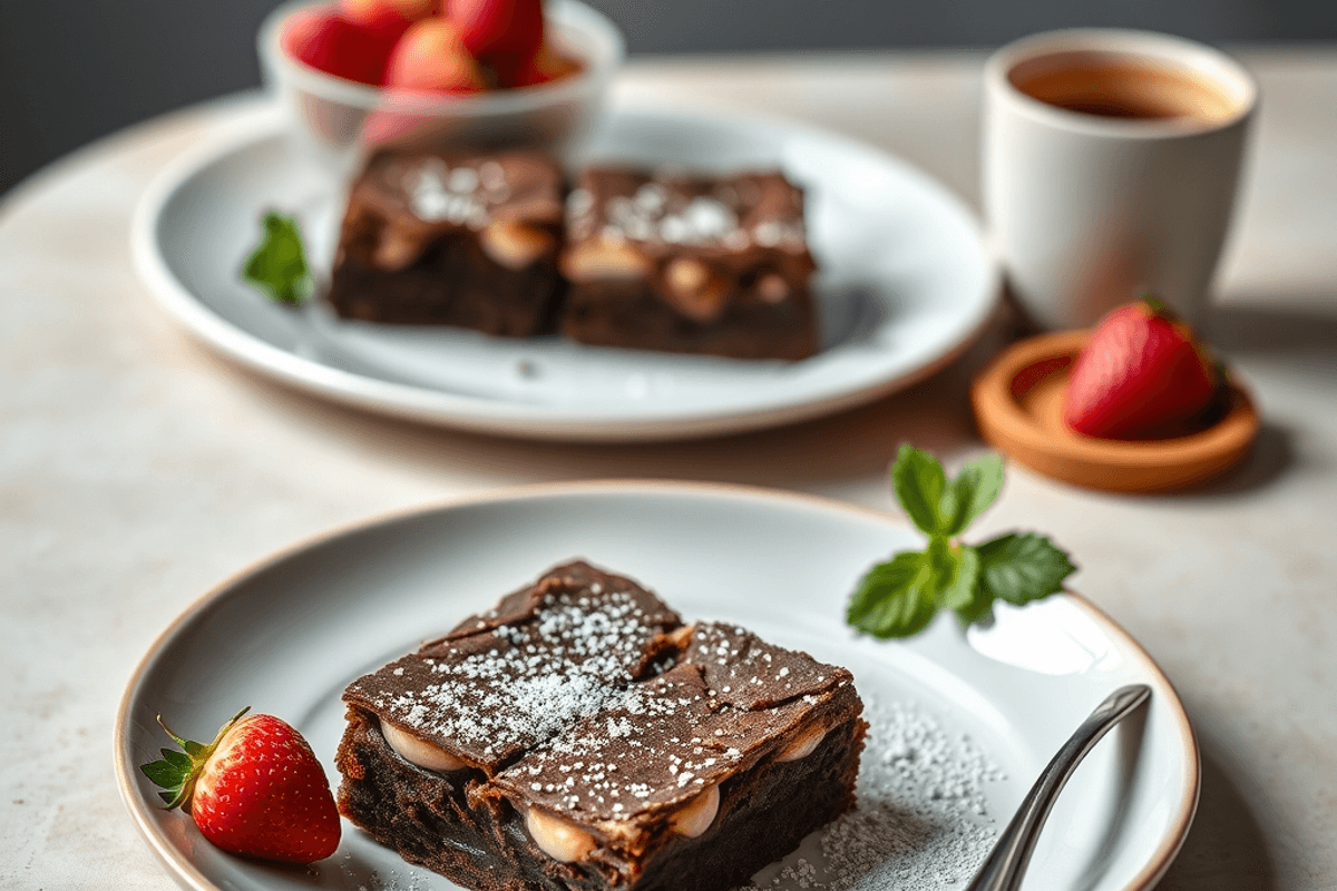 Brownies de chocolate con frambuesas frescas, cortados en cuadrados sobre una tabla de madera