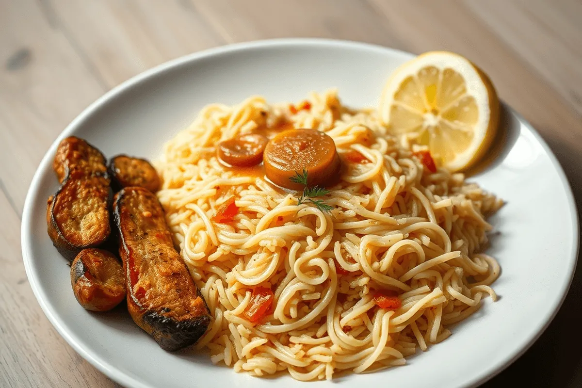 Arroz turco con fideos vermicelli dorados, servido en un plato blanco con tenedor al lado