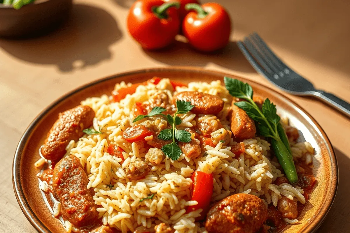 Cazuela de arroz con pollo y chorizo, con el arroz cremoso y el pollo dorado, espolvoreado con perejil fresco