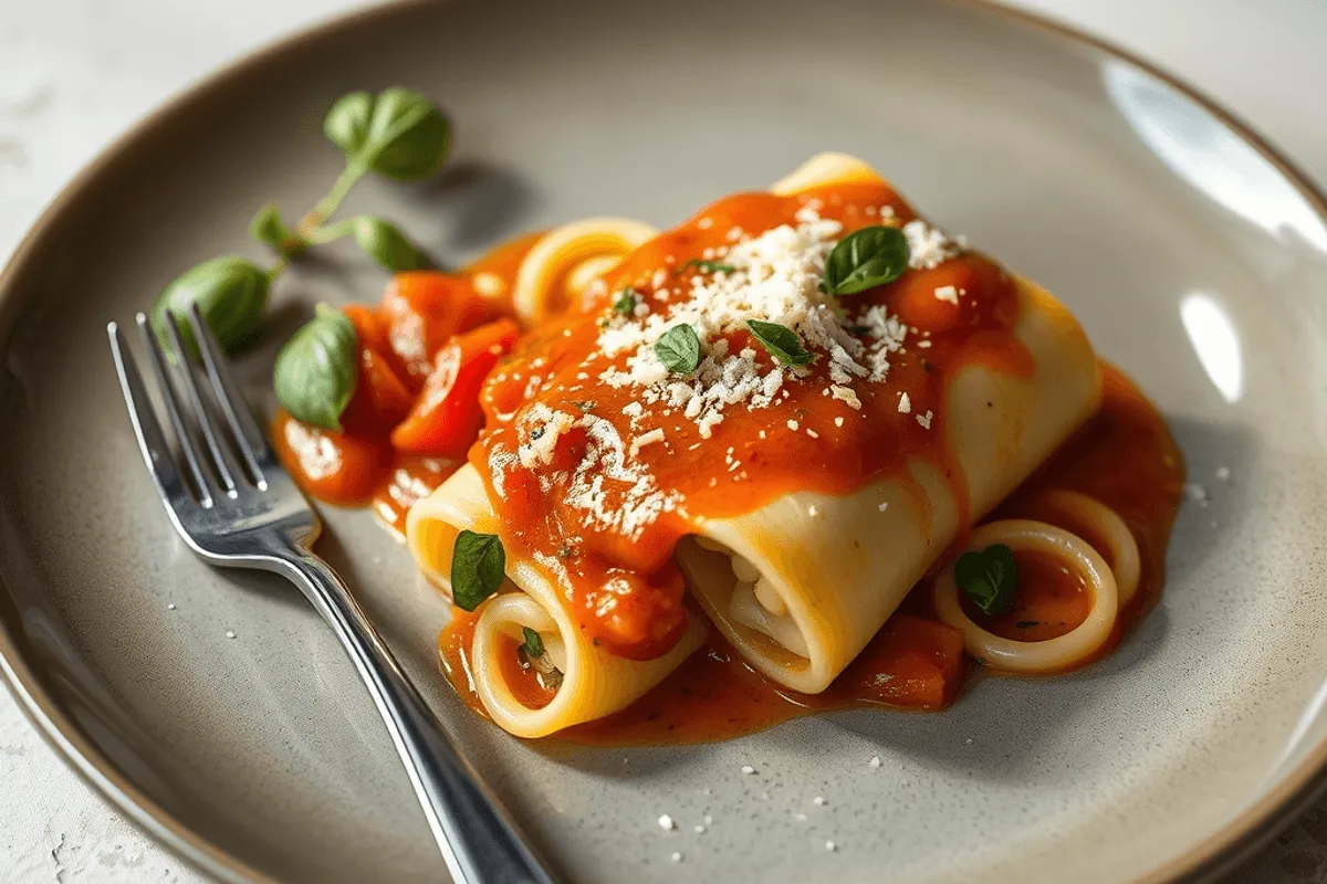 Cannelloni horneados cubiertos de salsa roja, queso derretido y albahaca fresca.