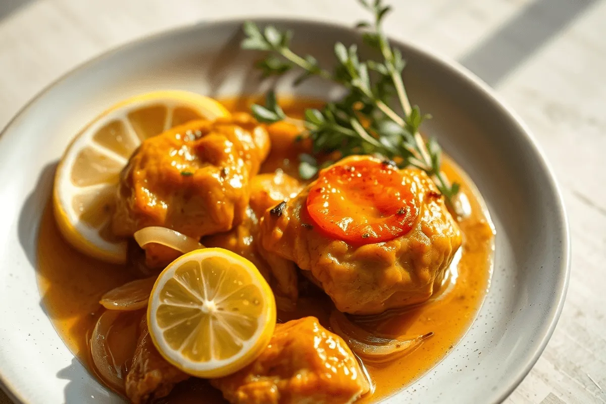 Muslos de pollo dorados con cebolla caramelizada en una fuente de horno, espolvoreados con perejil fresco