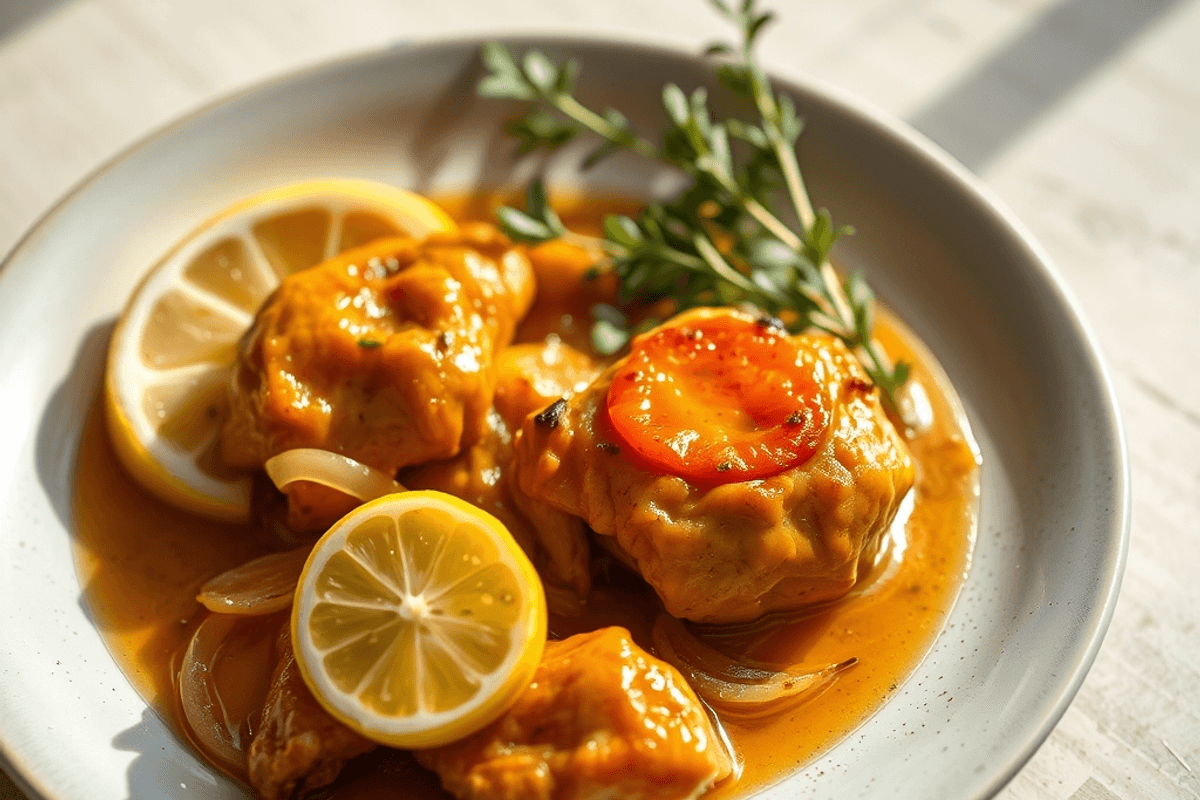 Muslos de pollo dorados con cebolla caramelizada en una fuente de horno, espolvoreados con perejil fresco