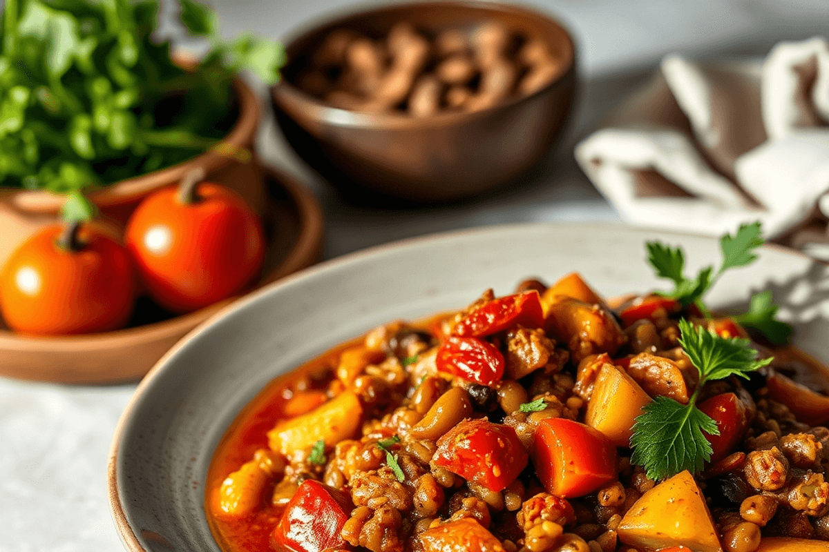 Cuenco con chili vegetariano de verduras asadas y alubias rojas acompañado de granos mixtos