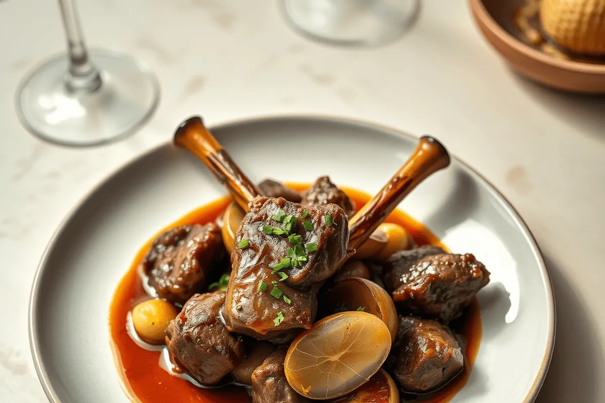 Pierna de cordero asada con hierbas y vinagre balsámico, dorada y jugosa, servida en fuente de horno con cebolla y ajo asados.