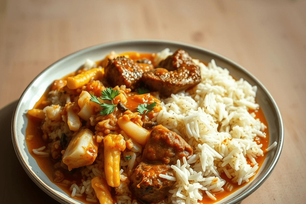Fuente de Biryani de cordero con capas de arroz amarillo, carne troceada y hierbas frescas, lista para servir.