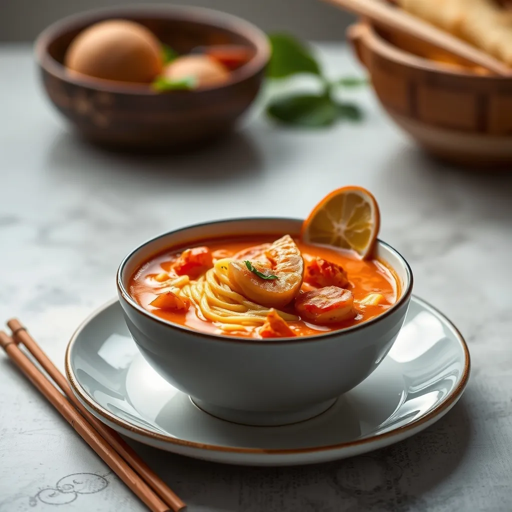 Cuenco de sopa de fideos con salmón, setas y maíz, decorado con cilantro fresco