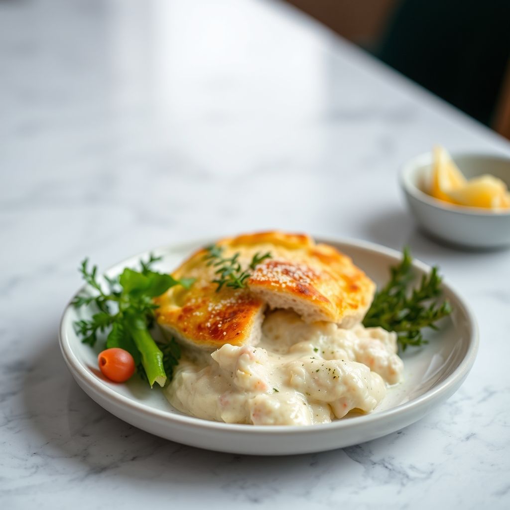 Pastel de pescado británico con puré de patata dorado y crujiente.