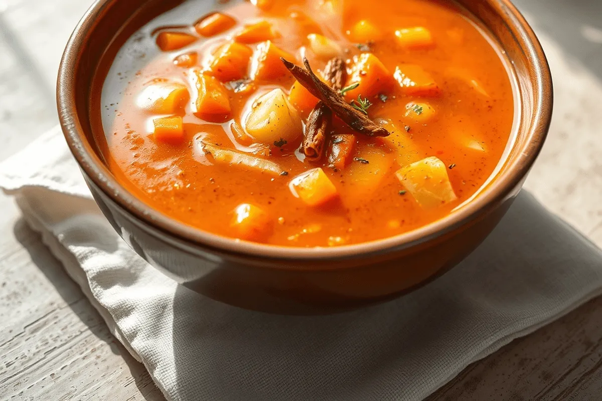 Sopa de zanahoria marroquí servida en cuenco con especias y limón