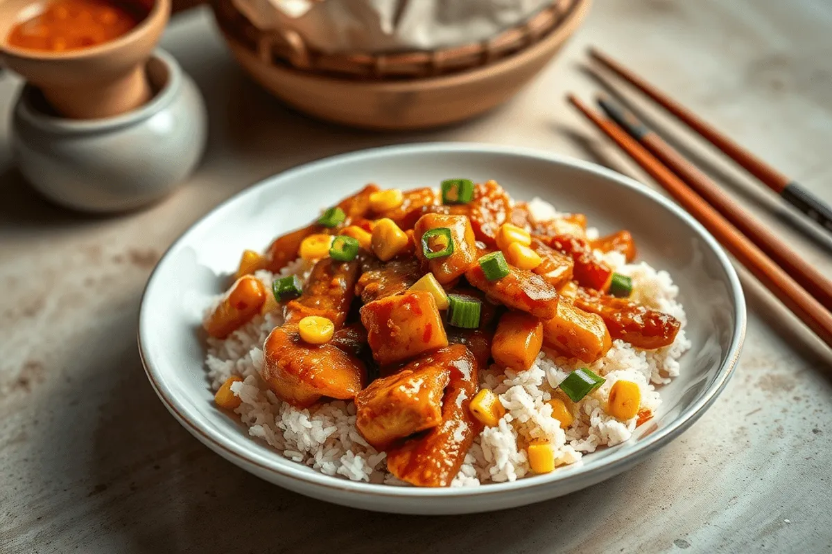 Plato de pollo Kung Pao con cacahuetes y cebollino, servido sobre arroz blanco
