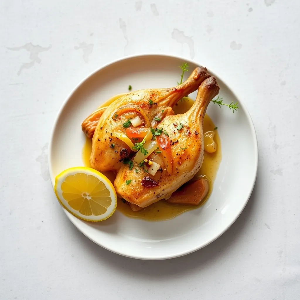 Muslos de pollo dorados con cebolla caramelizada en una fuente de horno, espolvoreados con perejil fresco