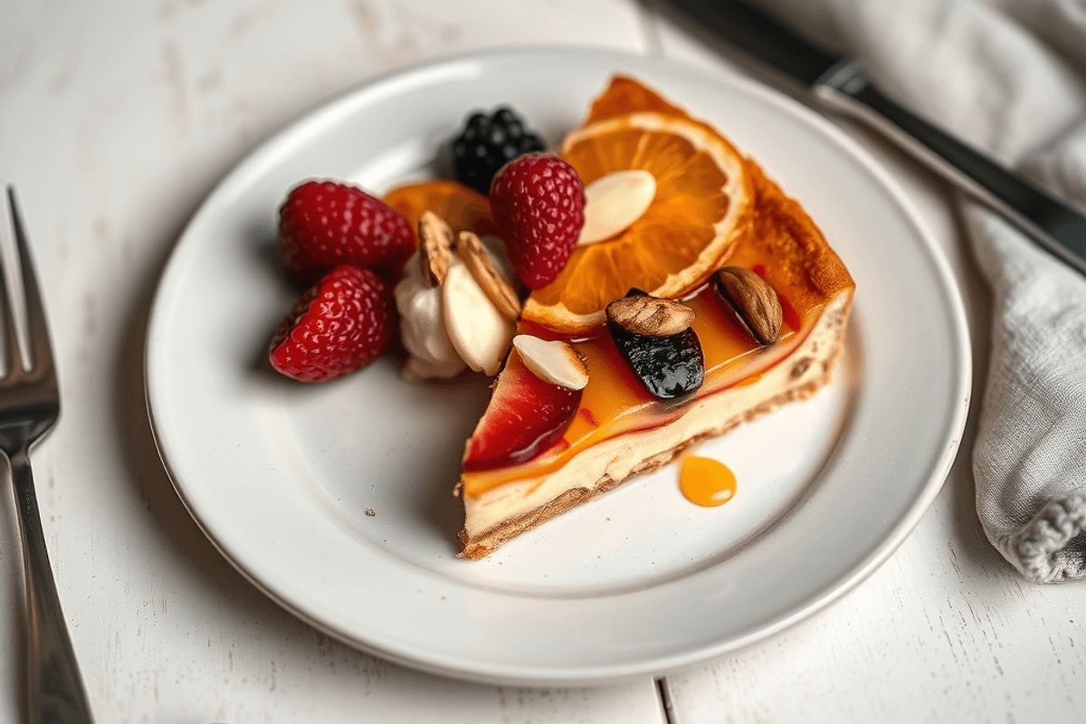 Tarta Dundee recién horneada con almendras enteras decorando la superficie, sobre una tabla de madera