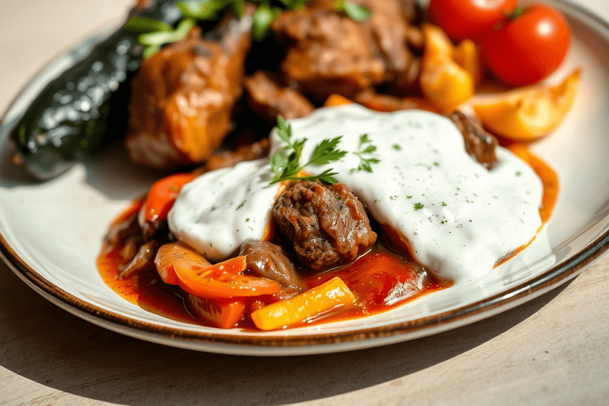 Berenjenas asadas rellenas de tomate especiado, servidas con chuletas de cordero y tzatziki fresco en una mesa de verano.