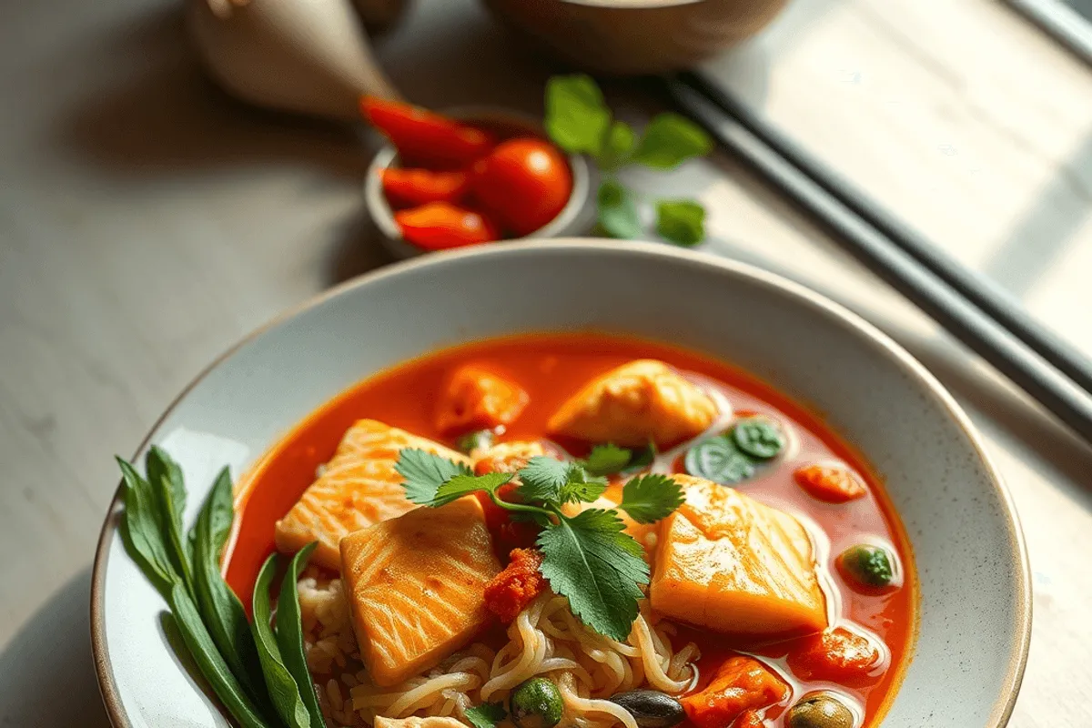 Cuenco de sopa de fideos con salmón, setas y maíz, decorado con cilantro fresco