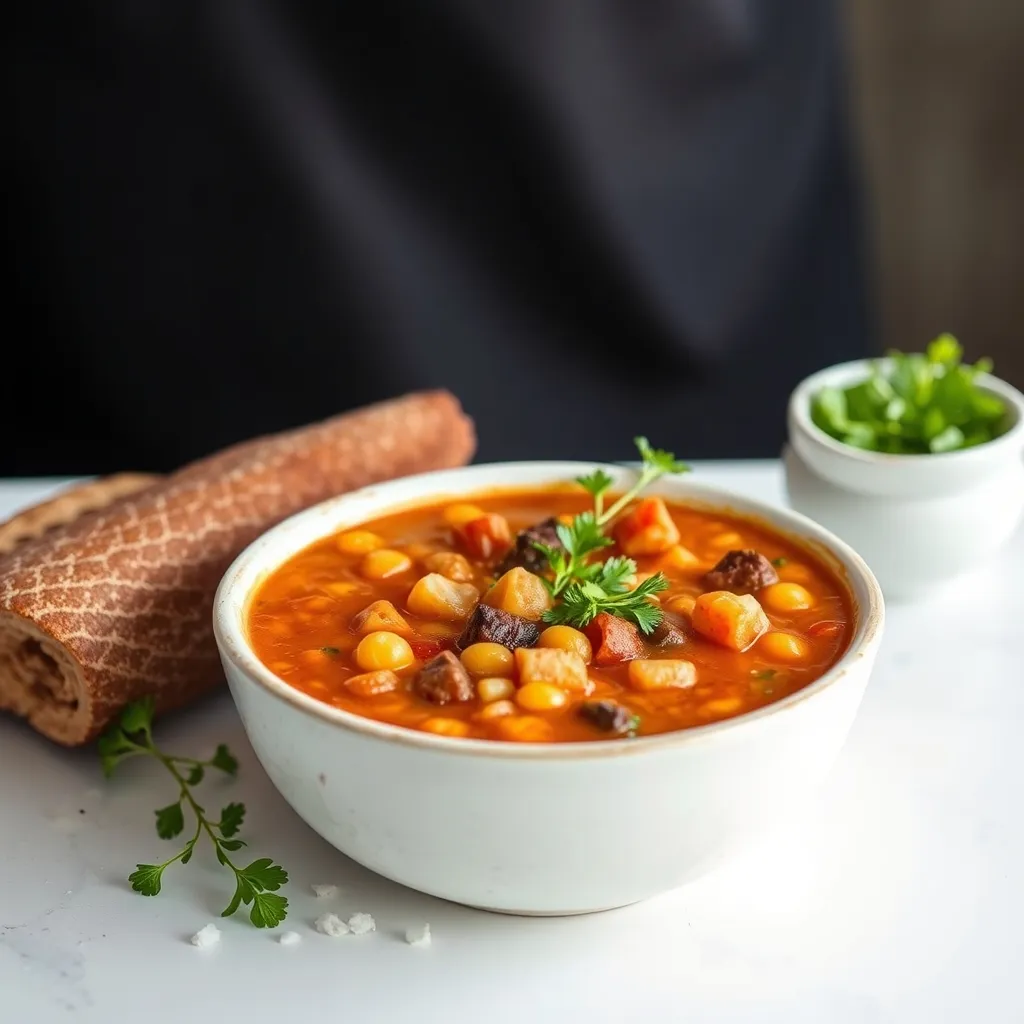 Cuenco de sopa de chorizo y garbanzos con repollo, servido con pan crujiente y humeante