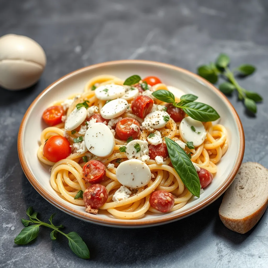 Ensalada de pasta fría con farfalle, tomates cherry, mozzarella, atún y albahaca fresca en un bol grande.