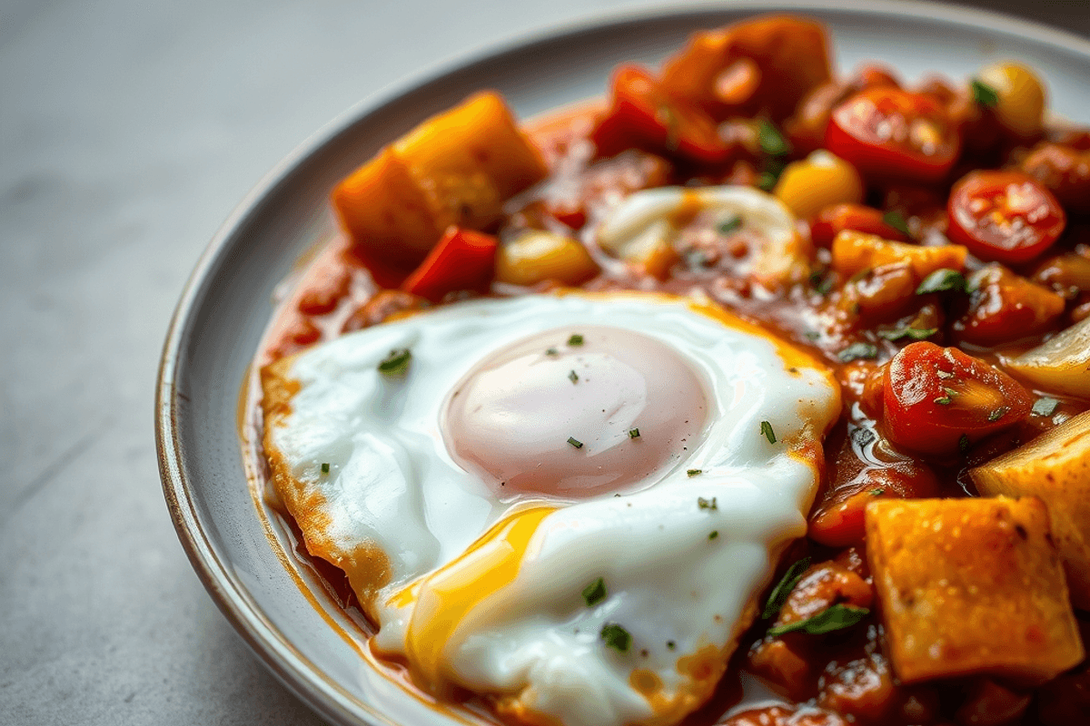 Shakshuka vegetariana con huevo pochado, salsa de tomate especiada y perejil, servida con tostada