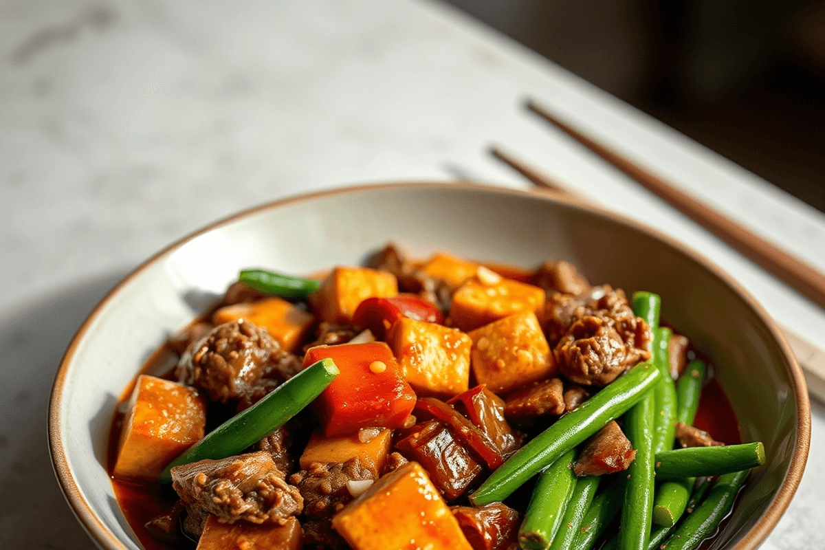 Plato de Mapo Tofu con cubos de tofu bañados en salsa roja brillante, espolvoreado con cebolleta verde y pimienta de Sichuan.