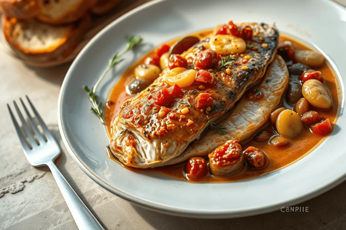 Filete de merluza a la plancha servido sobre un cuenco con caldo de alubias blancas, decorado con rodajas de chorizo crujiente y picatostes de ajo.