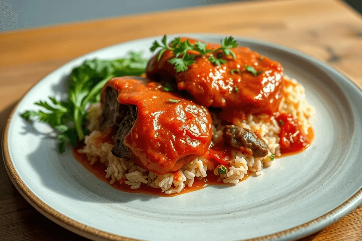 Tomates rellenos de cordero y arroz, horneados y servidos con hierbas frescas y pan crujiente