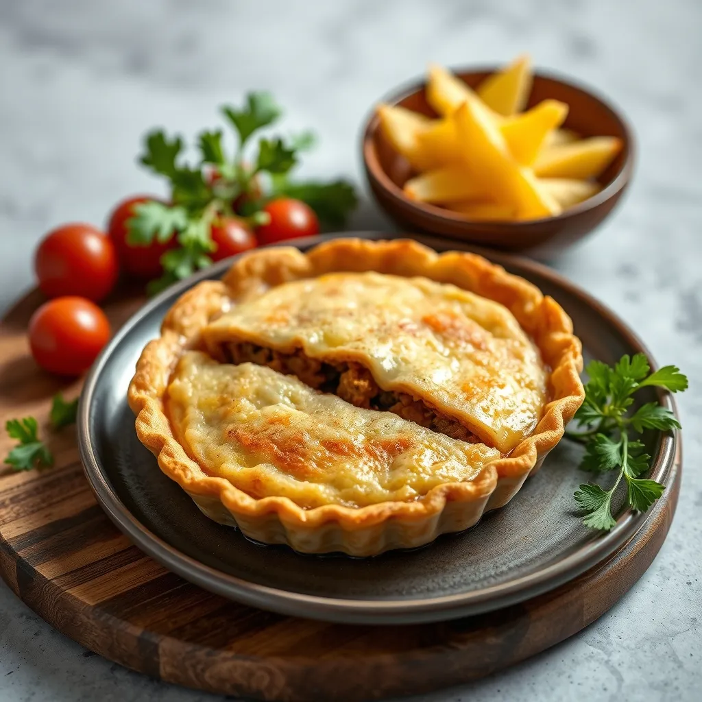Pastel de carne picada horneado en una fuente de cerámica, con la masa quebrada dorada y decorada con formas de hoja.
