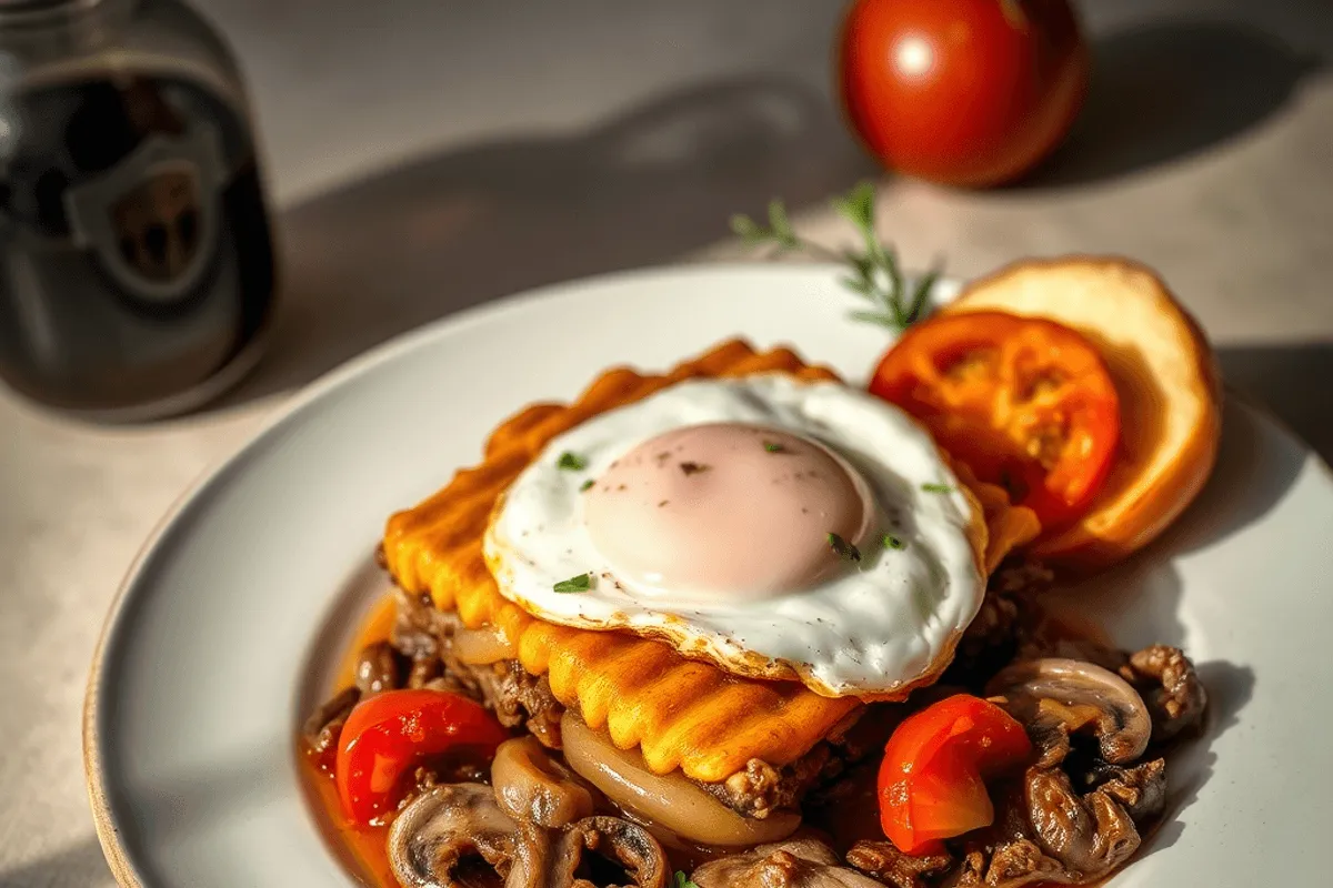 Pastel de carne picada horneado en una fuente de cerámica, con la masa quebrada dorada y decorada con formas de hoja.