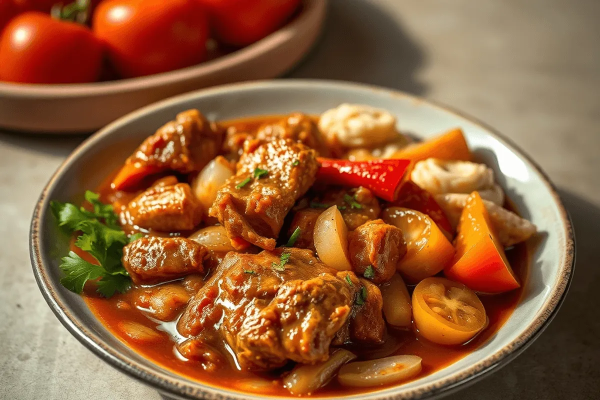 Pollo al estilo Brown Stew servido en una olla con salsa espesa y verduras, acompañado de arroz blanco.