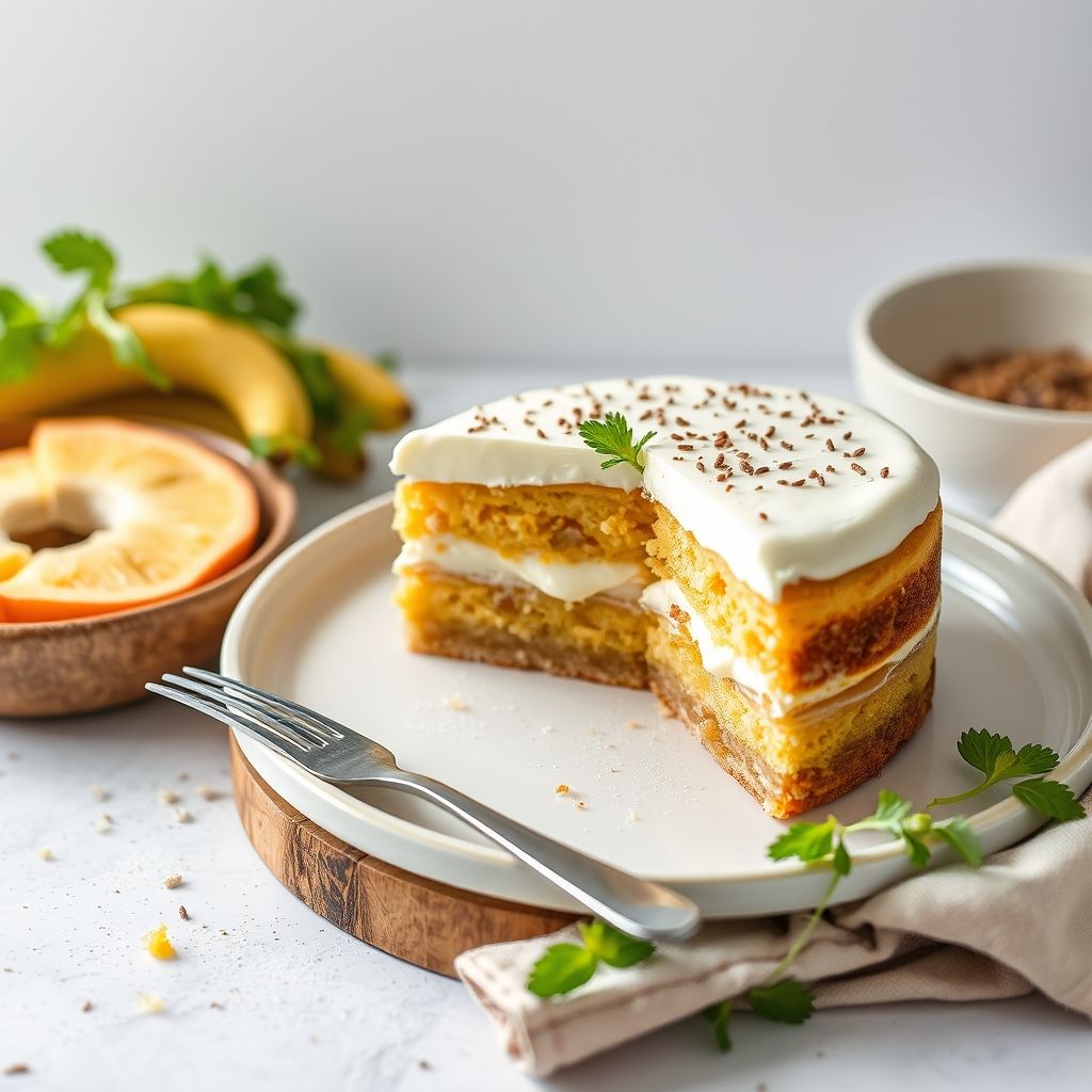 Pastel de zanahoria con frosting de queso crema servido en plato blanco, decorado con nueces y rodajas de zanahoria