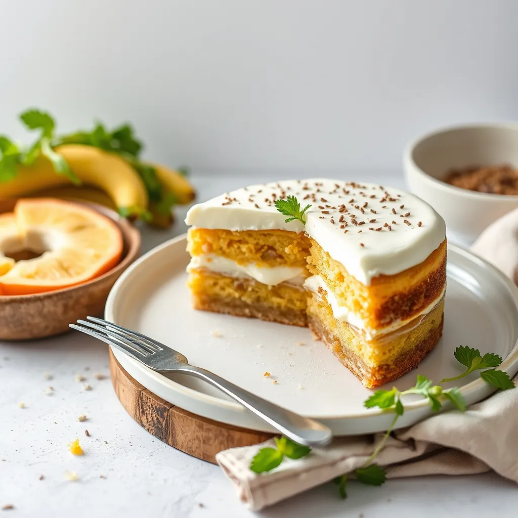 Pastel de zanahoria con frosting de queso crema servido en plato blanco, decorado con nueces y rodajas de zanahoria