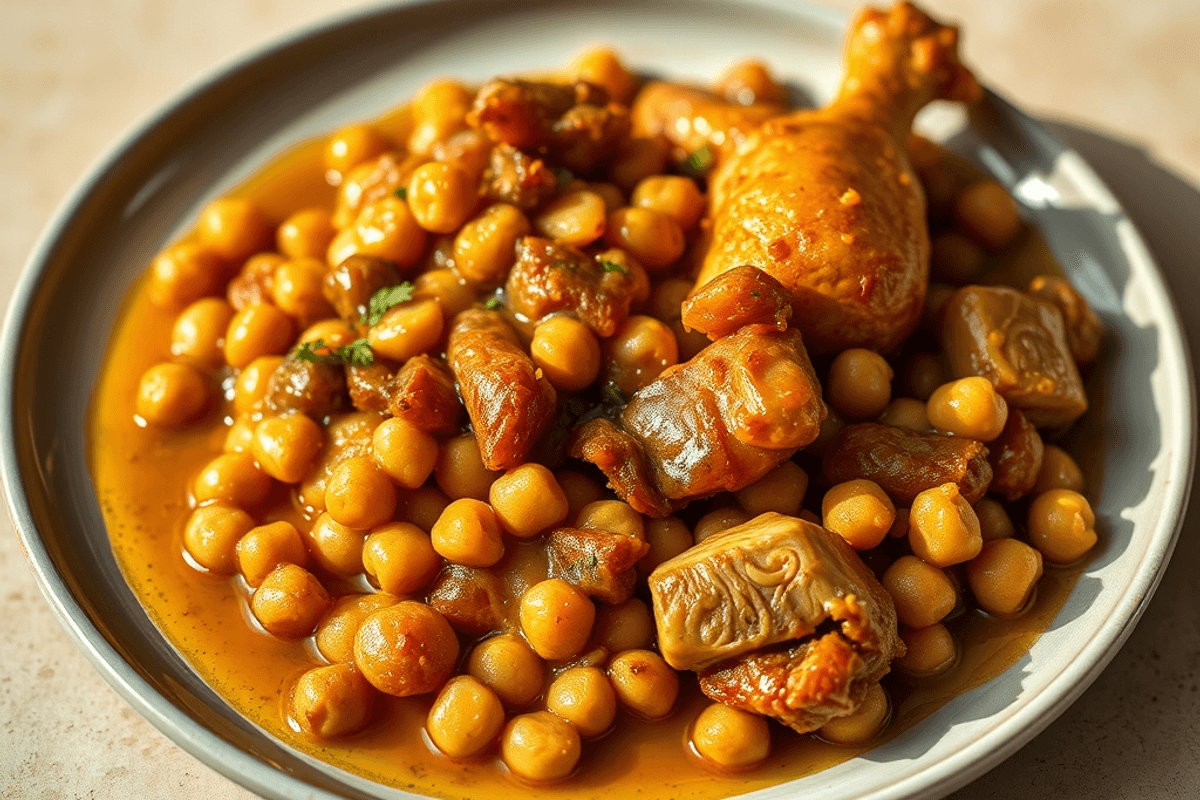 Cuscús con trozos de pollo, garbanzos y albaricoques secos servido en un plato hondo y espolvoreado con cilantro fresco.