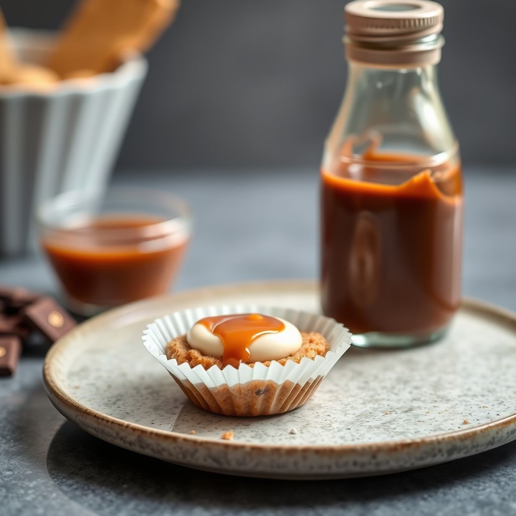 Crispitos de chocolate y caramelo cortados en cuadrados sobre una tabla de madera
