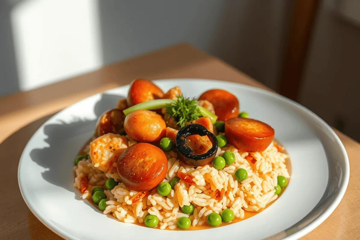 Plato de arroz amarillento con trozos de chorizo, guisantes y marisco servido en una sartén honda.