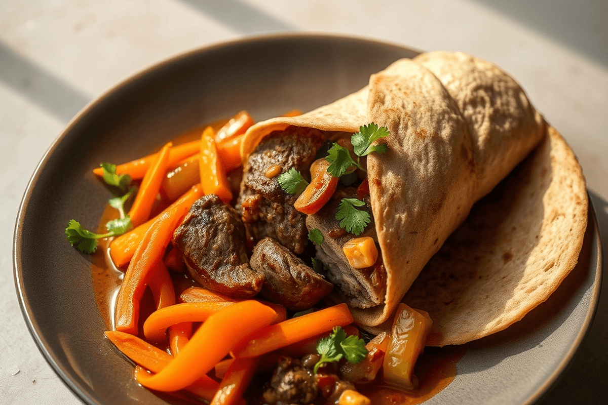 Wrap de pita relleno de lonchas de cordero a la plancha con especias, ensalada de col y zanahoria crujiente y un toque de mayonesa de pimiento naranja.
