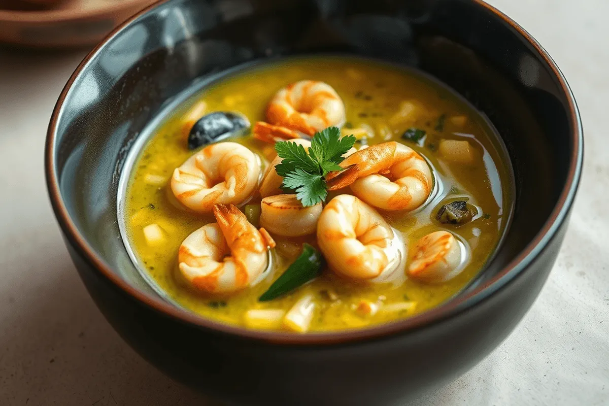 Cuenco de sopa de fideos udon con curry verde, gambas y hierbas frescas