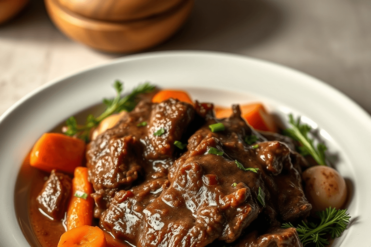 Brisket de ternera estofado en cazuela con zanahorias y cebollas, servido con puré de patatas.