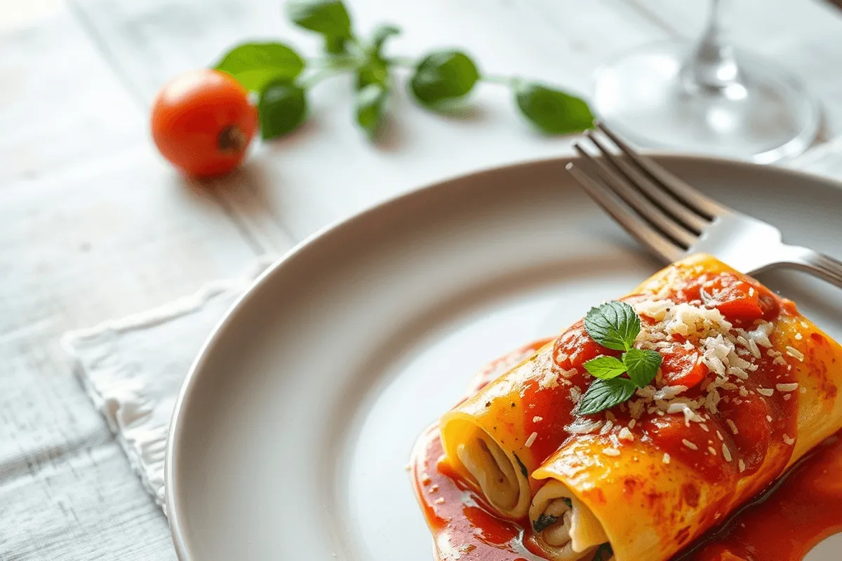 Bandeja de cannelloni horneados cubiertos de salsa de tomate, queso dorado y albahaca fresca.