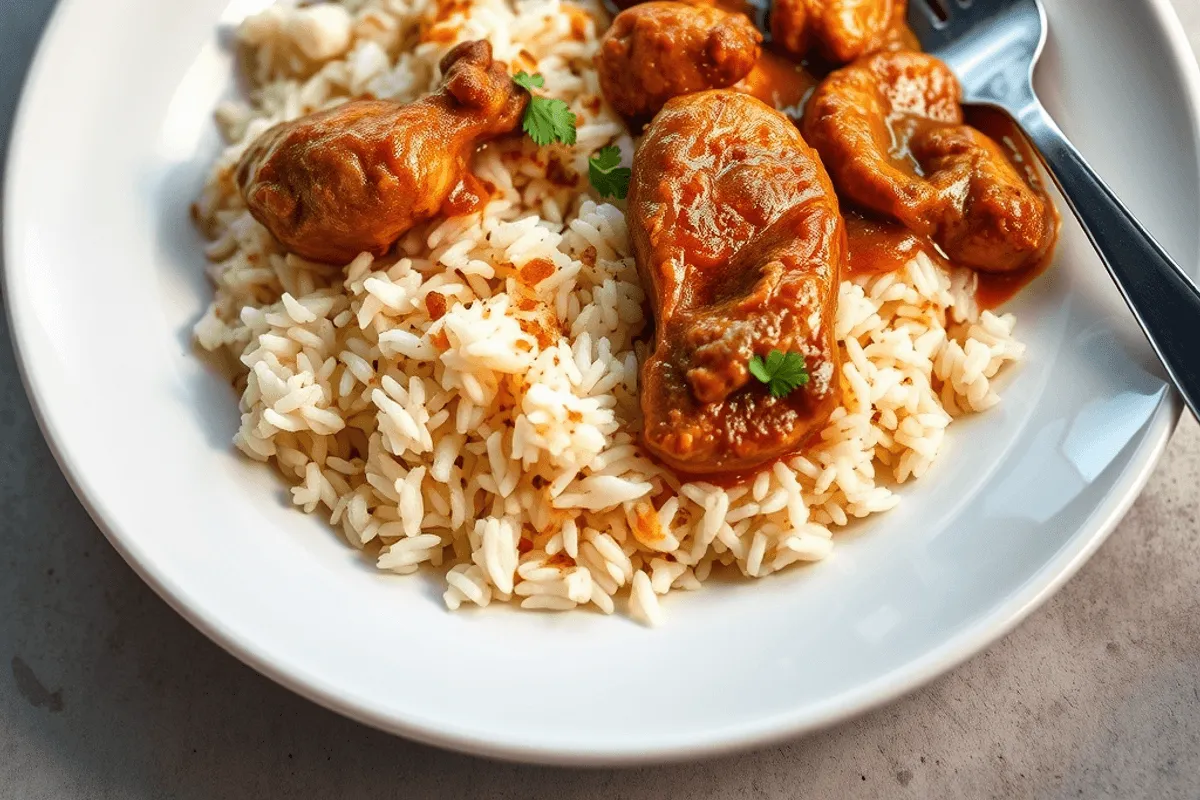 Mandi de pollo servido en una olla con arroz dorado, trozos de pollo y decoración de cebolla frita y cilantro fresco