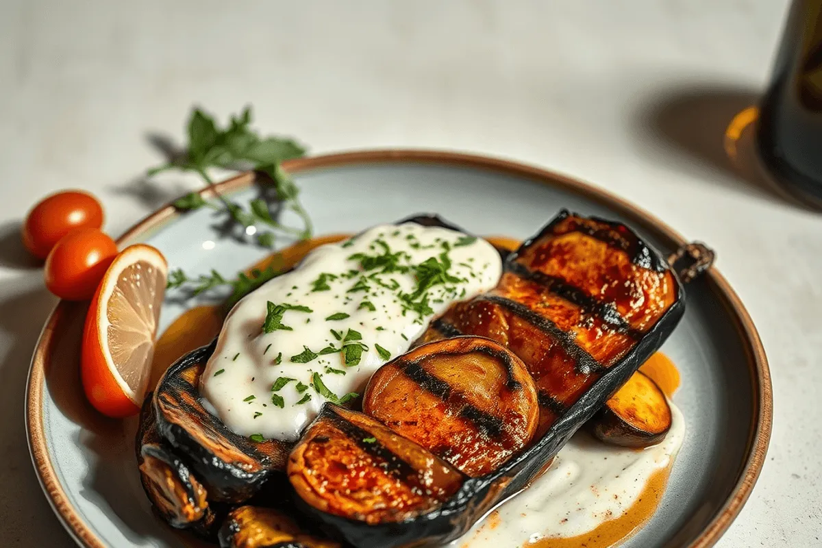 Berengenas a la plancha con aliño de tahini y hierbas