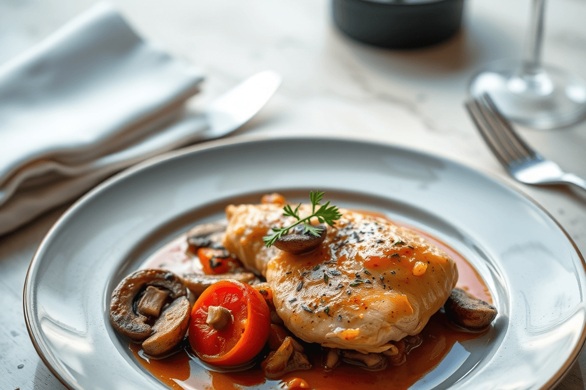 Cazuela de pollo marengo con champiñones, tomate y aceitunas, servido con pasta y perejil fresco