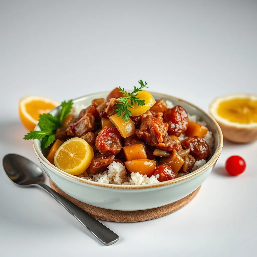 Plov de cordero con ciruelas y azafrán servido en fuente blanca, decorado con perejil fresco y arroz dorado