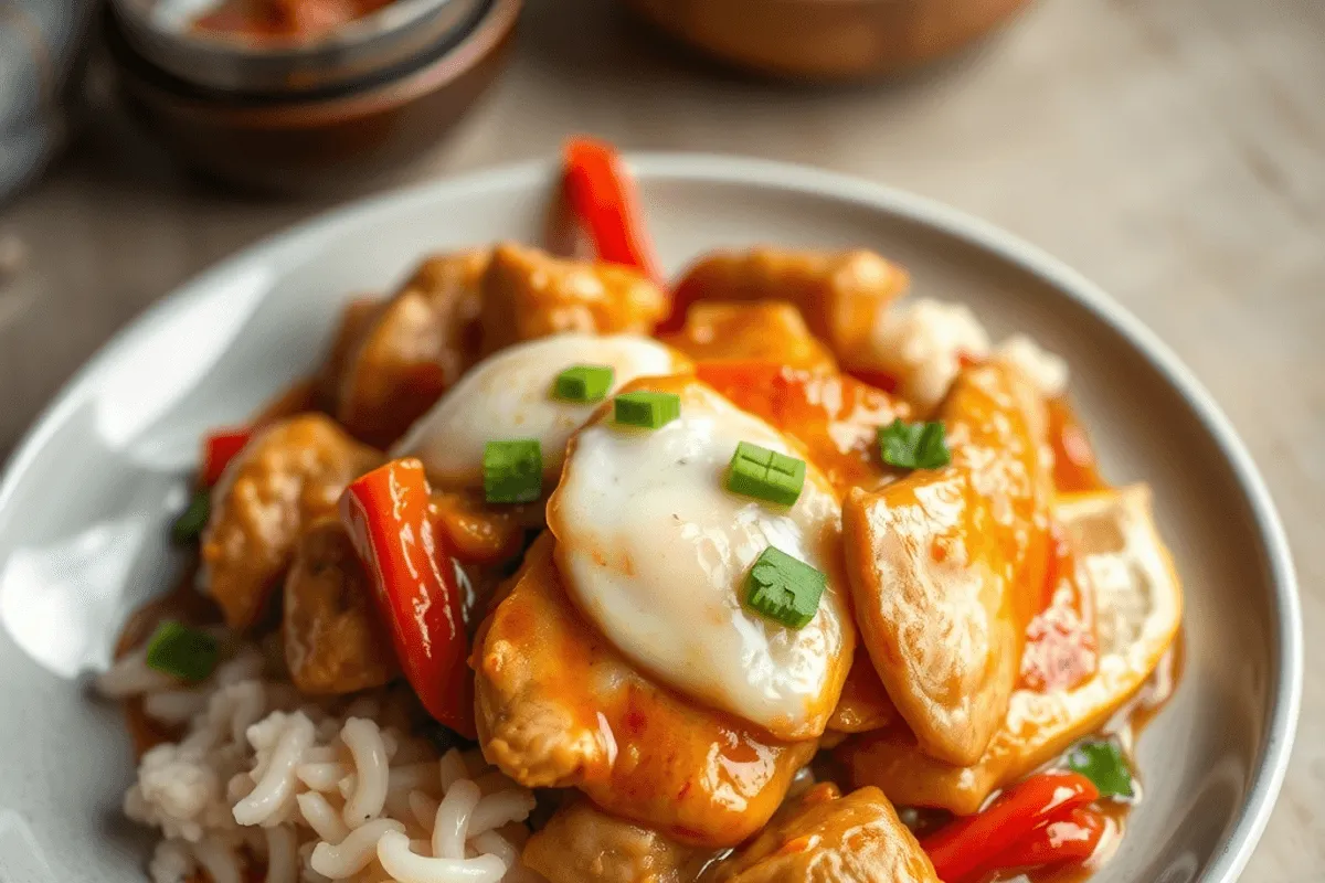 Pollo agridulce en un plato con trozos de pimiento rojo, amarillo y piña, bañado en una salsa brillante.