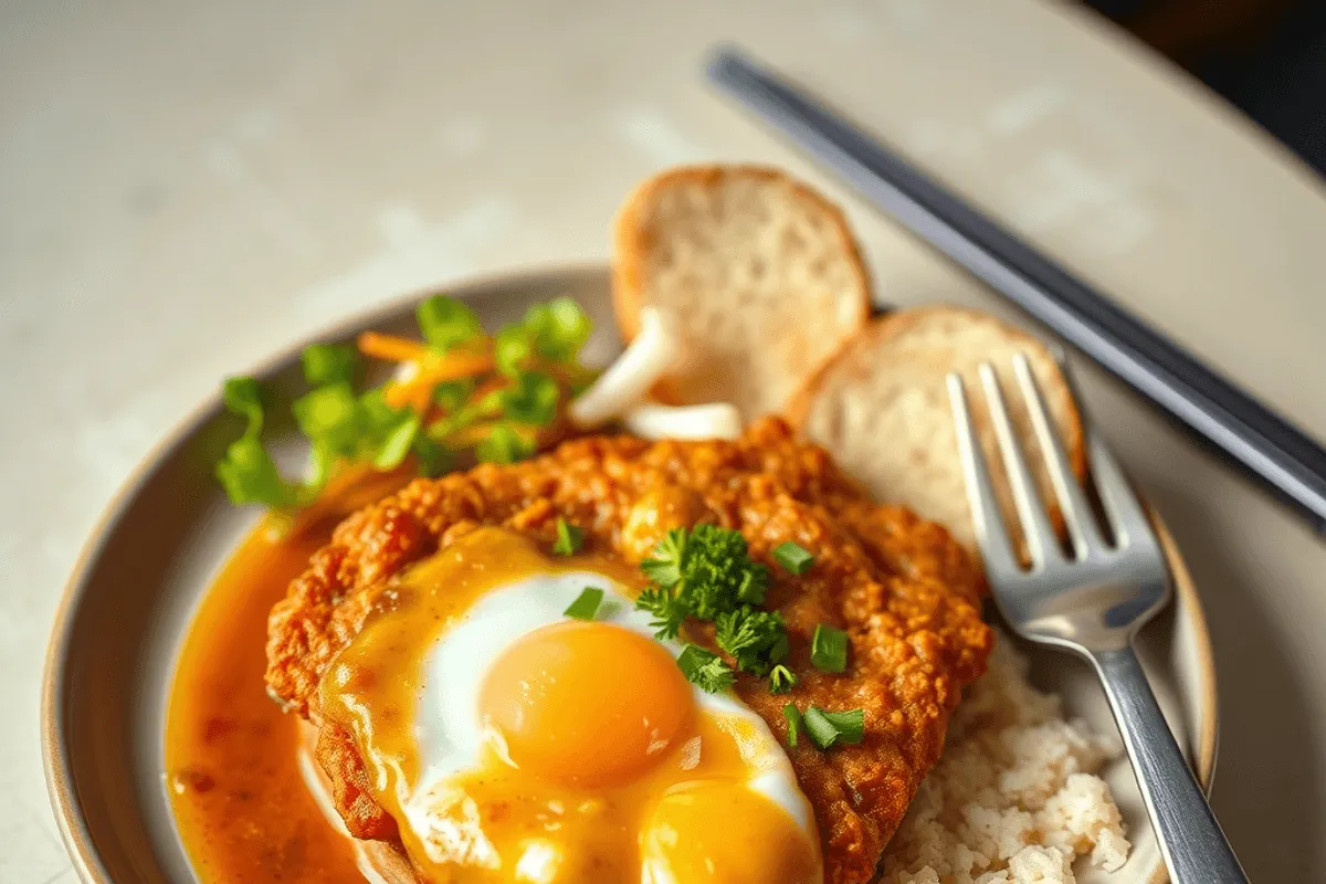 Pechuga de pollo katsu dorada y crujiente servida con salsa curry y arroz blanco