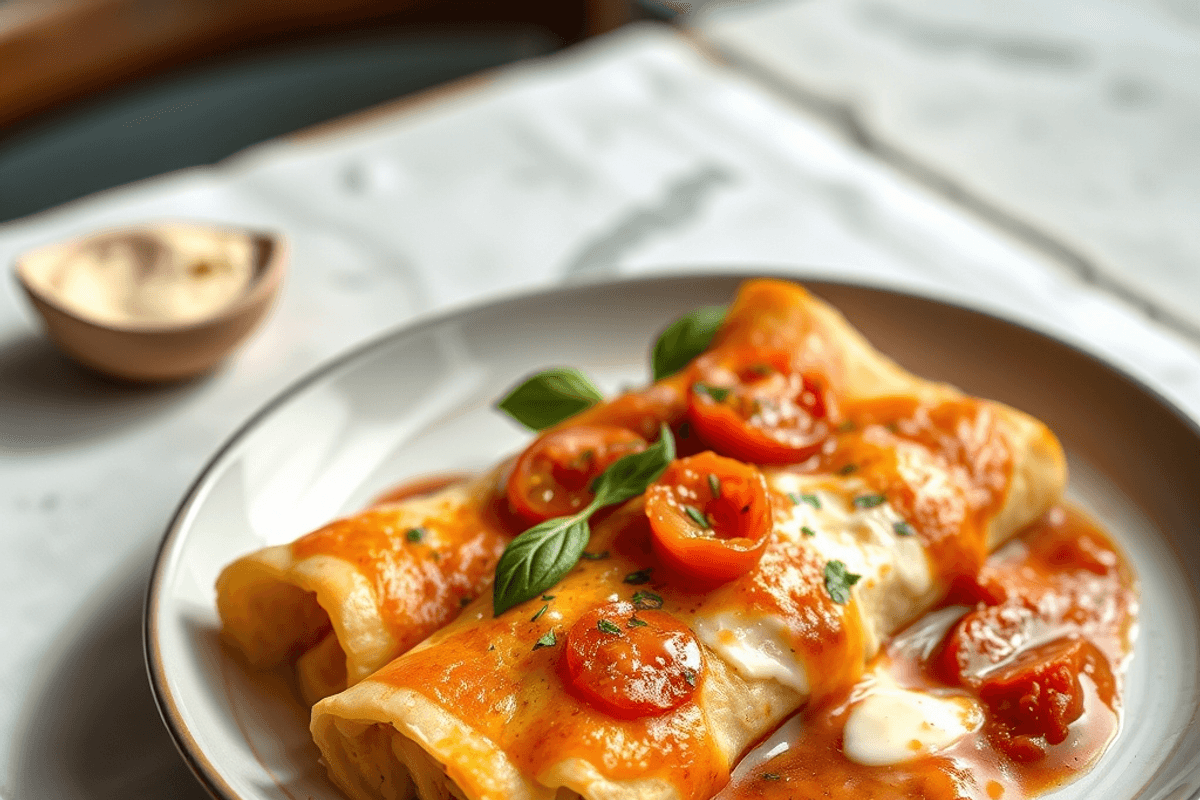 Bandeja de canelones de espinacas y ricota recién horneados con salsa de tomate y queso dorado